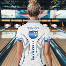 Load image into Gallery viewer, Custom Blue Bowling Ball Crown Bowling Shirt For Women, Bowling Team Jersey Polo &amp; 1/4 Zip |White TDM6198