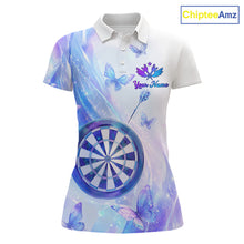 Load image into Gallery viewer, Polo shirt with butterfly and dart design on a pastel background, featuring customizable "Your Name" and "Team Name" 
