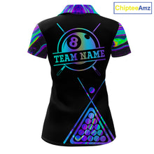 Load image into Gallery viewer, Neon purple blue 8 ball tie dye pool team polo shirt for women with vibrant billiard graphics.