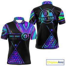 Load image into Gallery viewer, Neon purple blue 8 ball tie dye custom billiard polo shirt for men, pool team jersey and tournament apparel.