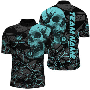 Funny Skull Holding 8 Ball Billiard Custom Men Polo & Quarter-Zip Shirt, Billiard Pool Jersey Shirt TDM1715