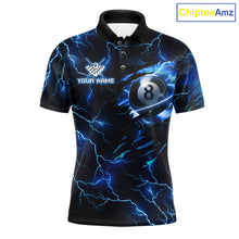 Load image into Gallery viewer, Custom blue thunder lightning pool jersey for men with bold 8 ball billiard artwork.