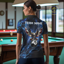 Load image into Gallery viewer, Back view of woman wearing a blue thunder lightning pool team shirt in a billiards hall.