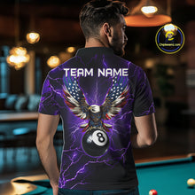 Load image into Gallery viewer, Back view of man wearing a purple thunder lightning pool team shirt in a billiards hall.
