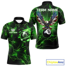 Load image into Gallery viewer, Men’s green thunder lightning billiard polo shirt with American flag graphics for pool players.