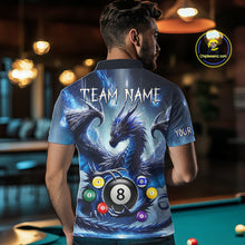 Load image into Gallery viewer, Back view of man wearing a custom blue dragon pool team shirt in a billiards hall.