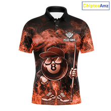 Load image into Gallery viewer, Orange funny 8 ball flame smoke billiard polo shirt for men, custom billiard team jersey uniform.