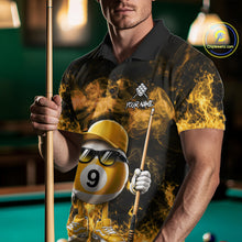 Load image into Gallery viewer, Man wearing a yellow 9 ball flame smoke billiard jersey front view.