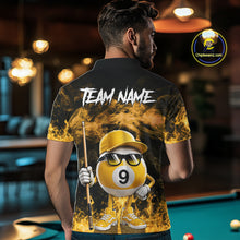 Load image into Gallery viewer, Back view of man wearing a yellow 9 ball flame smoke pool team jersey.