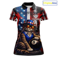 Load image into Gallery viewer, Funny Cat 8 Ball Billiard Shirt For Women Custom Vintage US Flag Pool Team Jersey Polo &amp; 1/4 Zip TDM5983