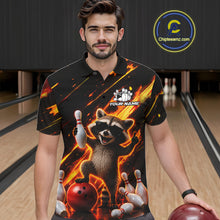 Load image into Gallery viewer, Man wearing funny raccoon flame bowling polo shirt front view.