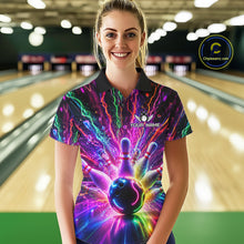 Load image into Gallery viewer, Woman wearing colorful glowing bowling polo shirt front view.