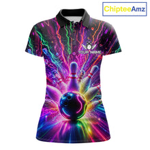Load image into Gallery viewer, Colorful glowing bowling polo shirt for women, custom bowling team jersey and bowling gift.