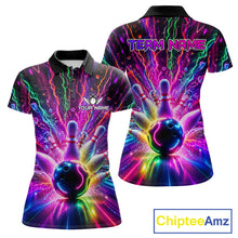 Load image into Gallery viewer, Colorful glowing bowling team polo shirt for women with vibrant neon graphics.