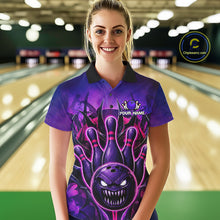 Load image into Gallery viewer, Woman wearing purple neon monster bowling polo shirt front view.