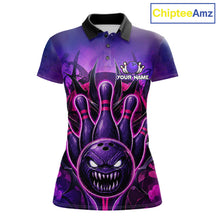 Load image into Gallery viewer, Purple neon monster bowling polo shirt for women, custom bowling league team jersey.
