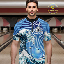 Load image into Gallery viewer, Custom Blue Funny Waves Ocean Bowling Shirt For Men, Bowling Team Jersey Polo &amp; 1/4 Zip TDM6223