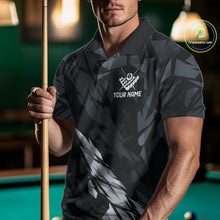Load image into Gallery viewer, Man wearing a black and grey billiard jersey beside a pool table front view.