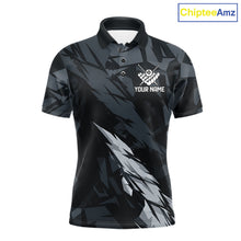 Load image into Gallery viewer, Men’s black and grey 8 ball pool polo shirt with modern billiard league graphics.
