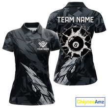 Load image into Gallery viewer, Women’s black and grey 8 ball pool polo shirt with modern billiard league graphics.