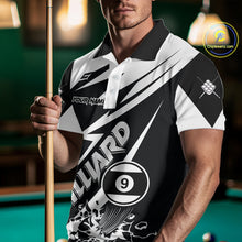 Load image into Gallery viewer, Man wearing a funny black and white 9 ball billiard jersey beside a pool table front view.
