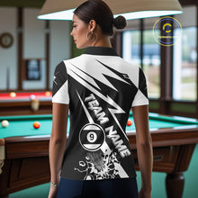 Load image into Gallery viewer, Back view of woman wearing a funny 9 ball pool team shirt in a billiards hall.