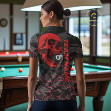 Load image into Gallery viewer, Back view of woman wearing a red skull pool team shirt in a billiards hall.