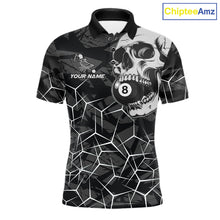 Load image into Gallery viewer, Men’s black and white 8 ball skull pool polo shirt with monochrome billiard team graphics.