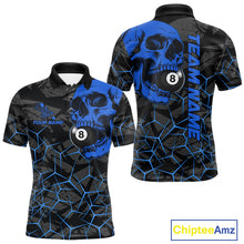 Load image into Gallery viewer, Men’s blue skull 8 ball pool polo shirt with bold billiard league graphics and team style.