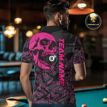 Load image into Gallery viewer, Back view of man wearing a pink ribbon pool team shirt in a billiards hall.