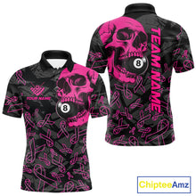 Load image into Gallery viewer, Men’s pink ribbon skull 8 ball pool polo shirt for breast cancer awareness events and league play.