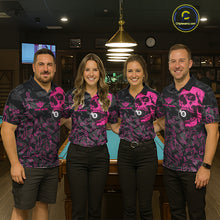 Load image into Gallery viewer, Pool team wearing matching pink ribbon skull billiard jerseys during league play front view.