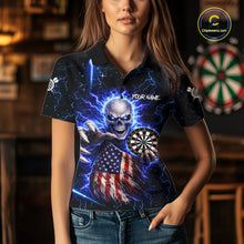 Load image into Gallery viewer, Blue Lightning US Flag Skull Darts Shirt For Women Custom Darts Jersey Team Polo &amp; Quarter Zip TDM6231