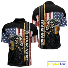 Load image into Gallery viewer, Grim Reaper With Beer Custom 8 Ball Billiard Shirt For Men, US Flag Pool Team Jersey Polo, 1/4 Zip TDM6247