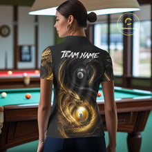 Load image into Gallery viewer, Back view of woman wearing an 8 ball 9 ball cobra snake and dragon pool shirt in a billiards hall.
