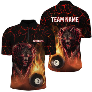 Custom 3D Wolf 8 Ball Fire Flame Billiard Polo, 1/4 Zip Shirts For Men Team League Billiard Jerseys TDM2450