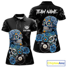 Load image into Gallery viewer, Personalized Blue 8 Ball Sugar Skull Billiard Shirt For Women, Pool Team Jersey Polo &amp; 1/4 Zip TDM6261
