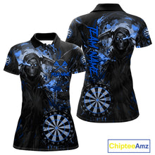 Load image into Gallery viewer, Custom Black And Blue Splatter Grim Reaper Women Darts Polo Shirt Cracked Dart Jerseys NYN2794