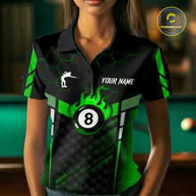 Load image into Gallery viewer, Personalized Green 8 Ball Flame Billiard Polo &amp; Quarter Zip For Women, 8 Ball Pool Team Jersey TDM6040