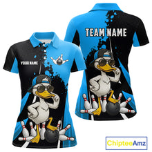 Load image into Gallery viewer, Custom Black And Blue Funny Duck Bowling Shirts For Women, Bowling Team Jersey Polo &amp; 1/4 Zip TDM6292