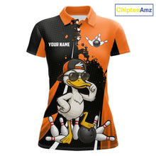 Load image into Gallery viewer, Custom Black And Orange Funny Duck Bowling Shirts For Women, Bowling Team Jersey Polo &amp; 1/4 Zip TDM6294