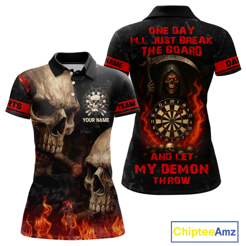 Let My Demon Throw Funny Dart Shirt For Women Custom Flame Skull Darts Team Jersey Polo & 1/4 Zip TDM4166