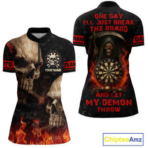 Let My Demon Throw Funny Dart Shirt For Women Custom Flame Skull Darts Team Jersey Polo & 1/4 Zip TDM4166