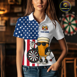 Funny Beer American Flag Dart Shirts For Women Custom Patriotic Darts Team Jerseys Polo & 1/4 Zip TDM4177