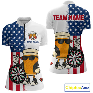 Funny Beer American Flag Dart Shirts For Women Custom Patriotic Darts Team Jerseys Polo & 1/4 Zip TDM4177