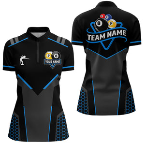 Personalized 8 Ball & 9 Ball Pool Billiard Polo, 1/4 Zip For Women Custom Team Billiard Jerseys |Blue TDM3547