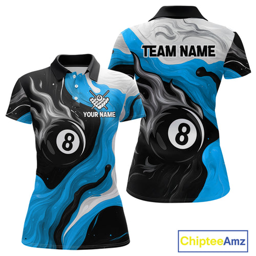 Personalized Black, Blue And White 8 Ball Flame Billiard Shirt For Women Custom Pool Team Jerseys TDM4189