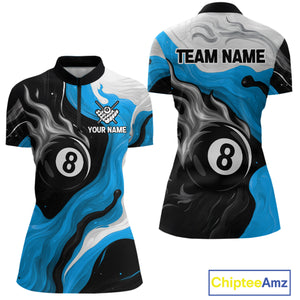 Personalized Black, Blue And White 8 Ball Flame Billiard Shirt For Women Custom Pool Team Jerseys TDM4189