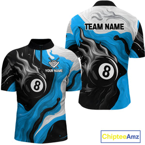Personalized Black, Blue And White 8 Ball Flame Billiard Shirt For Men Custom Pool Team Jerseys TDM4189