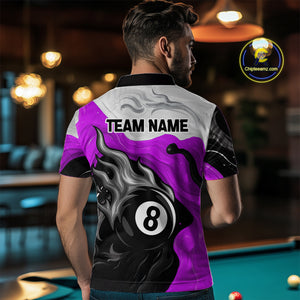 Personalized Black, Purple And White 8 Ball Flame Billiard Shirt For Men Custom Pool Team Jerseys TDM4190